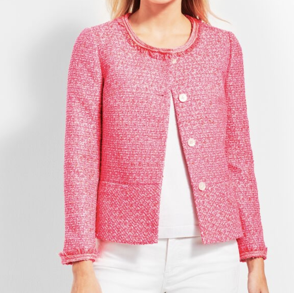 Talbot's neon pink peplum tweed jacket